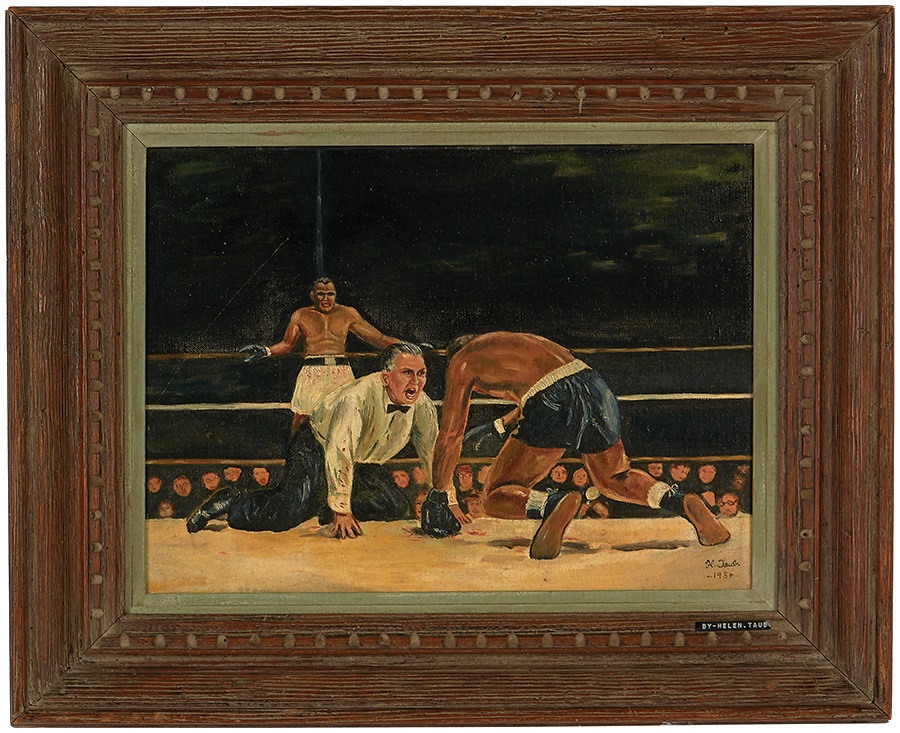 Sports Fine Art - Jersey Walcott Knocks Down Joe Louis Folk Art Painting by Helen Taub (1950)