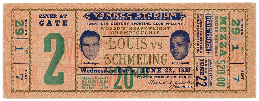 Muhammad Ali & Boxing - 1938 Joe Louis vs. Max Schmeling Full Ticket