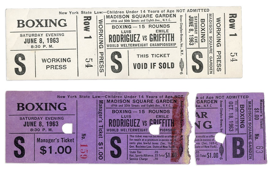 Muhammad Ali & Boxing - Two Emile Griffith Full Tickets