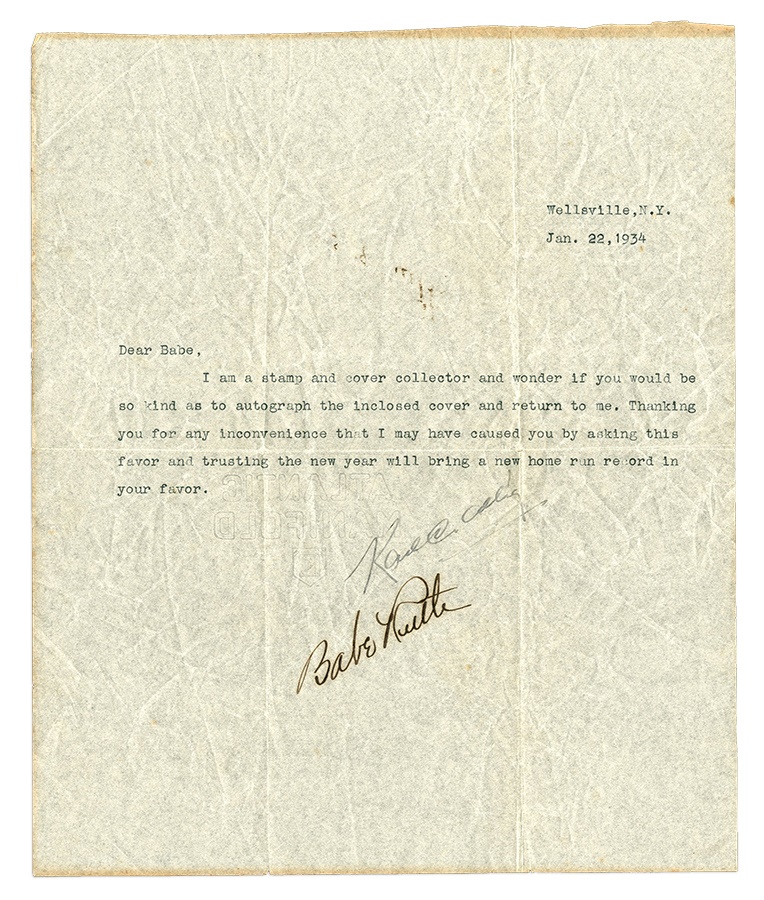 Ruth and Gehrig - 1934 Babe Ruth Signed Autograph Request Cover & Letter (2)