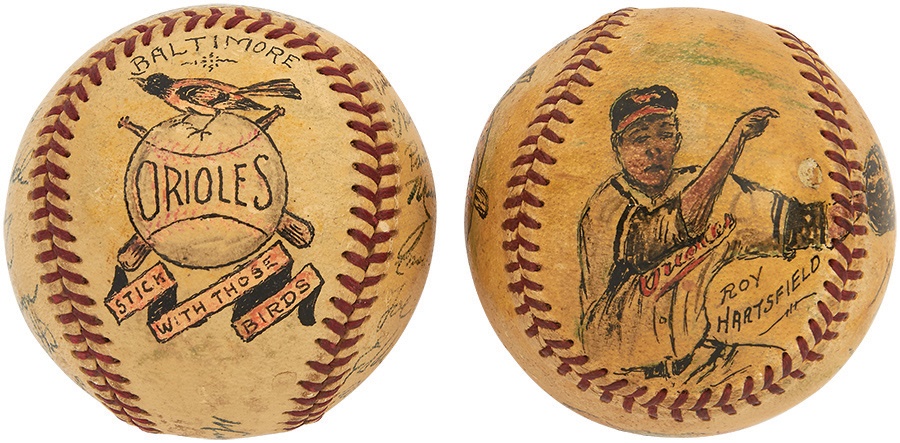 Sports Fine Art - Baltimore Orioles Folk Art Painted Baseballs (2)