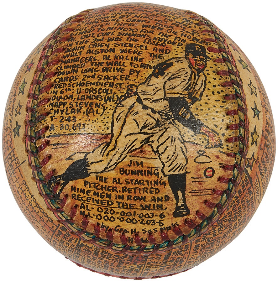 - 1957 All-Star Game Ball Featuring Jim Bunning Decorated By George Sosnak