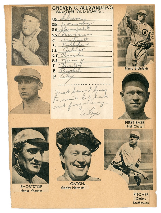Baseball Autographs - Grover Cleveland Alexander's All-Time All-Star List