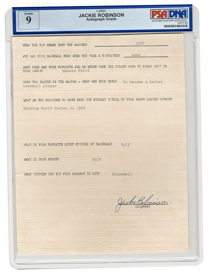 Jackie Robinson 1955 World Series "Greatest Thrill" Questionnaire