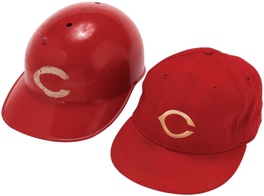 Baseball Equipment - Barry Larkin Game Worn Hat and Batting Helmet