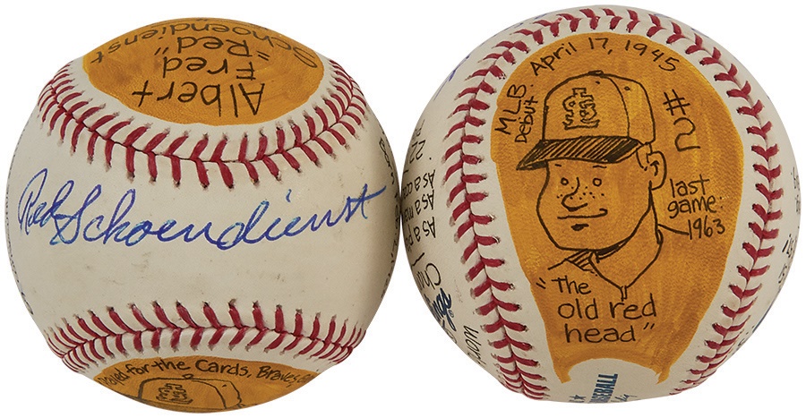 Two Red Schoendienst Hand-Painted Single Signed Baseballs