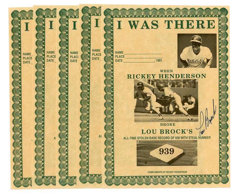 Lou Brock Signed Rickey Henderson 939 Stolen Base Certificates (200)