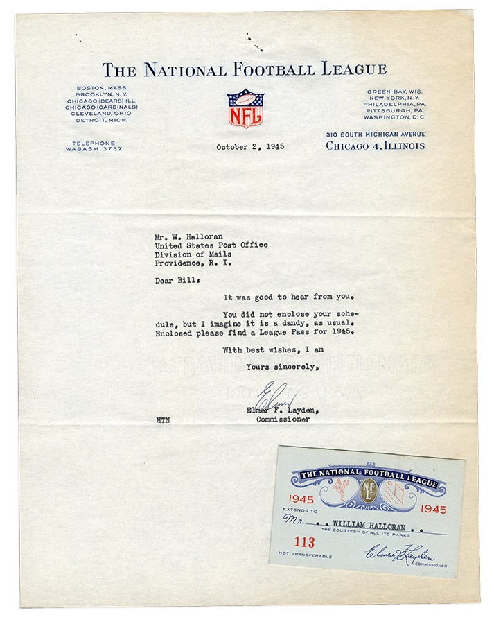 Bert Bell & Elmer Layden NFL Passes Letters