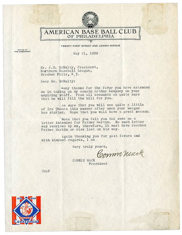 Baseball Autographs - 1939 Connie Mack Baseball Centennial Letter (2)