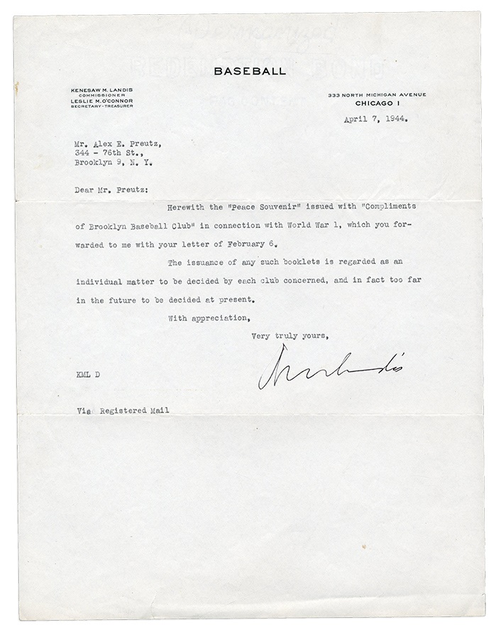 - Kenesaw Mountain Landis Content Letter Including Brooklyn Dodger WWI "Peace Souvenir" (2)