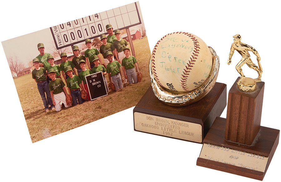 - 1982 Derek Jeter Little League Collection Including Team Signed Baseball, Team Photo, & Trophy