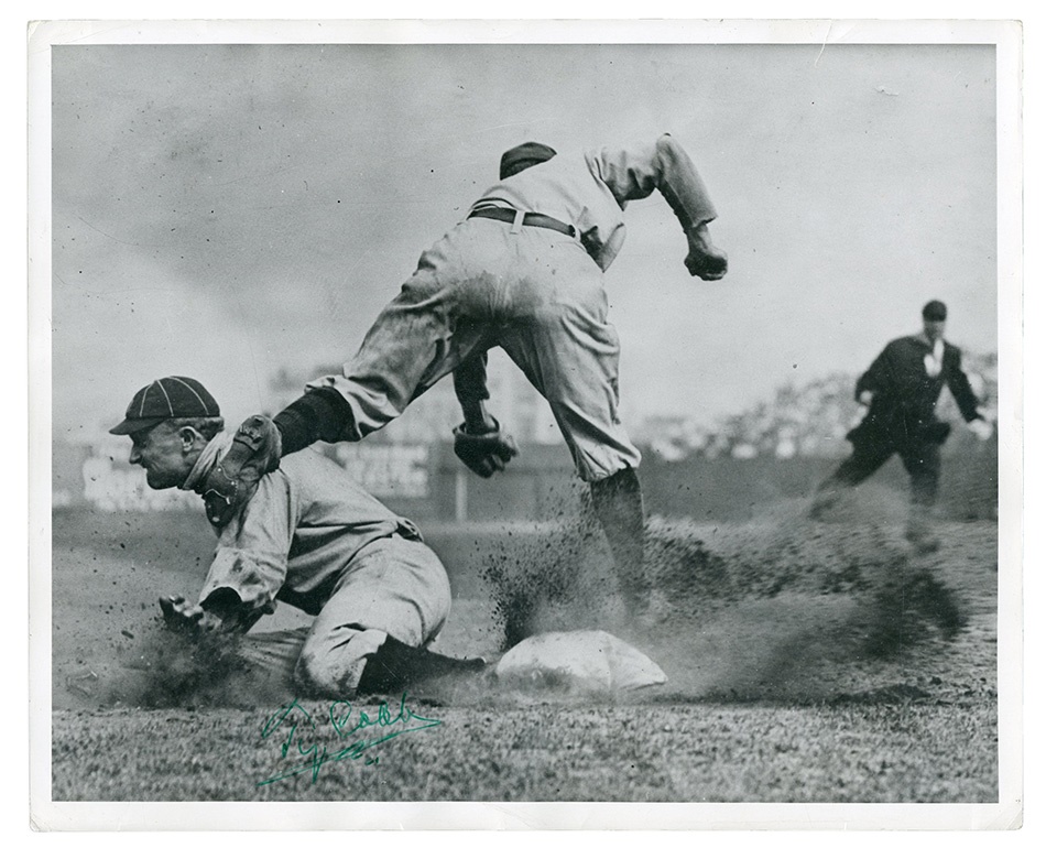 Baseball Autographs - Ty Cobb Signed Famous Sliding Photograph by Charles Conlon