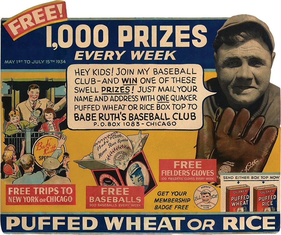 Ruth and Gehrig - 1934 Babe Ruth Quaker Oats Store Display Sign