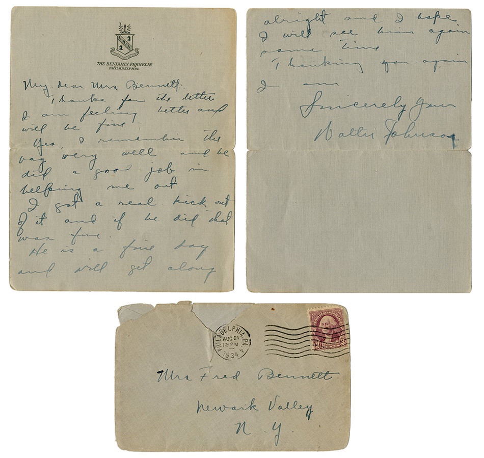 1934 Water Johnson Signed Handwitten Letter