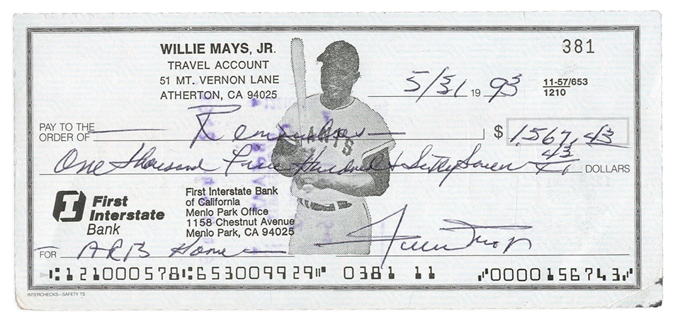 Baseball Autographs - Rare Willie Mays Signed Bank Check