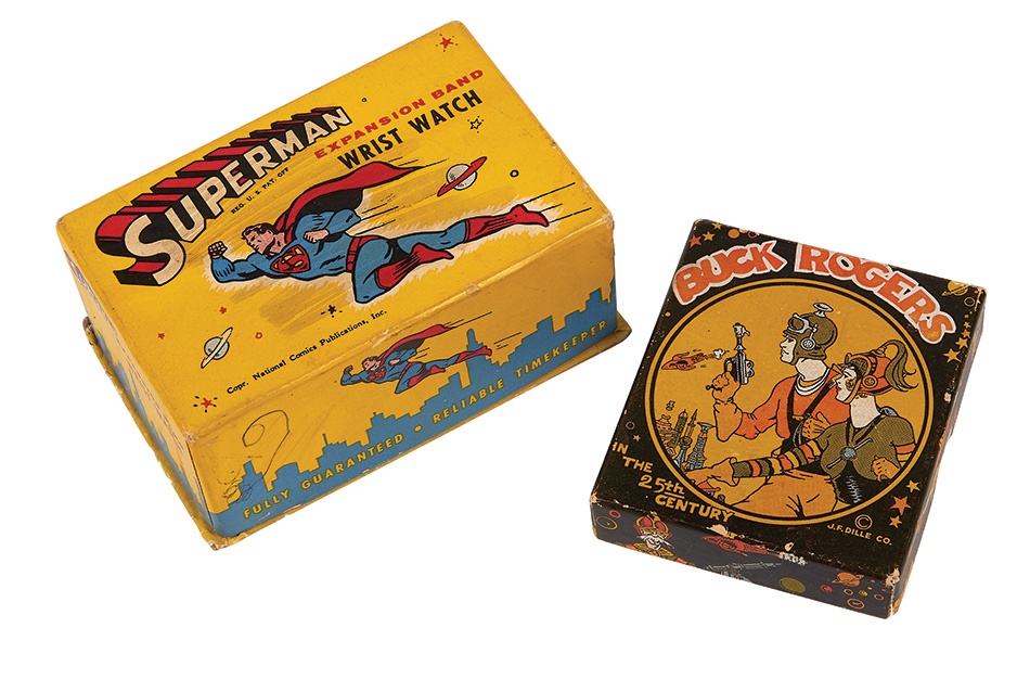 1950s Superman Watch in Box & 1935 Buck Rogers Pocket Watch Box