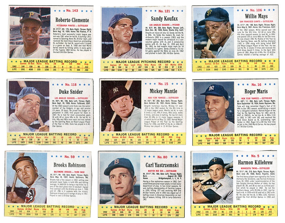 1963 Jello Partial Set Including Mantle, Mays, Koufax & Clemente (170/200)