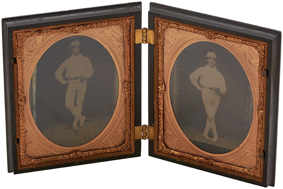 19th Century - Unusual 1870s Baseball Double Tintypes in Gutta Percha Frame