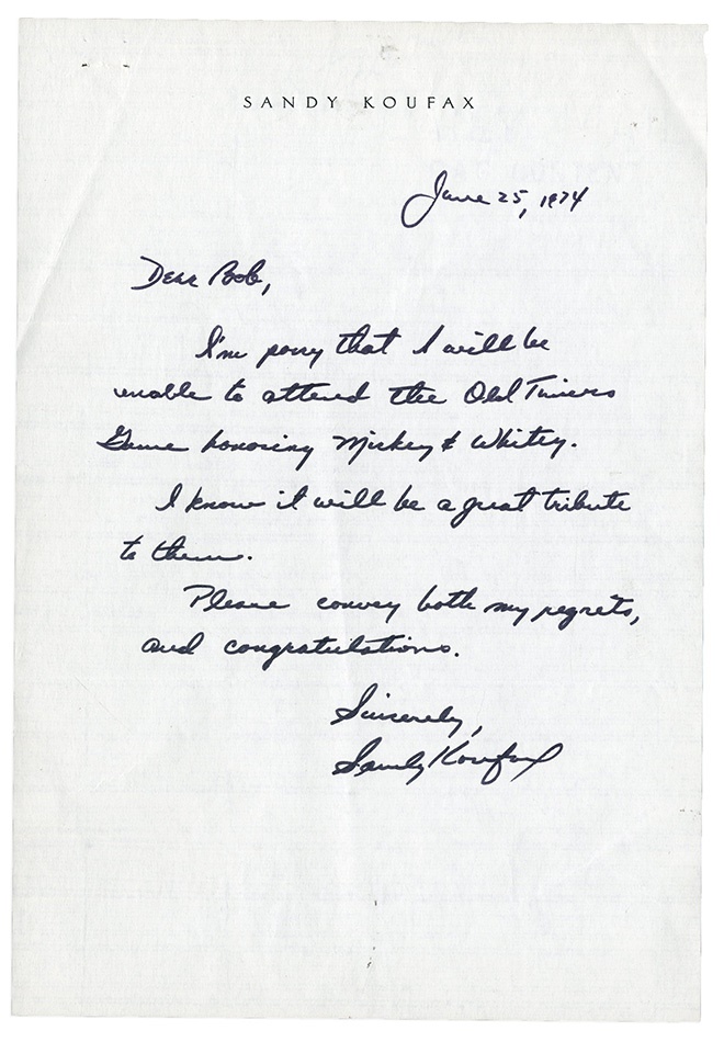 Baseball Autographs - 1974 Sandy Koufax Handwritten Letter Concerning Mantle/Ford Old Timers' Day 1974