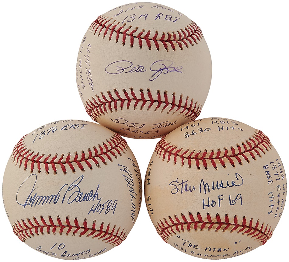 Baseball Autographs - Stan Musial, Johnny Bench & Pete Rose Stat Balls