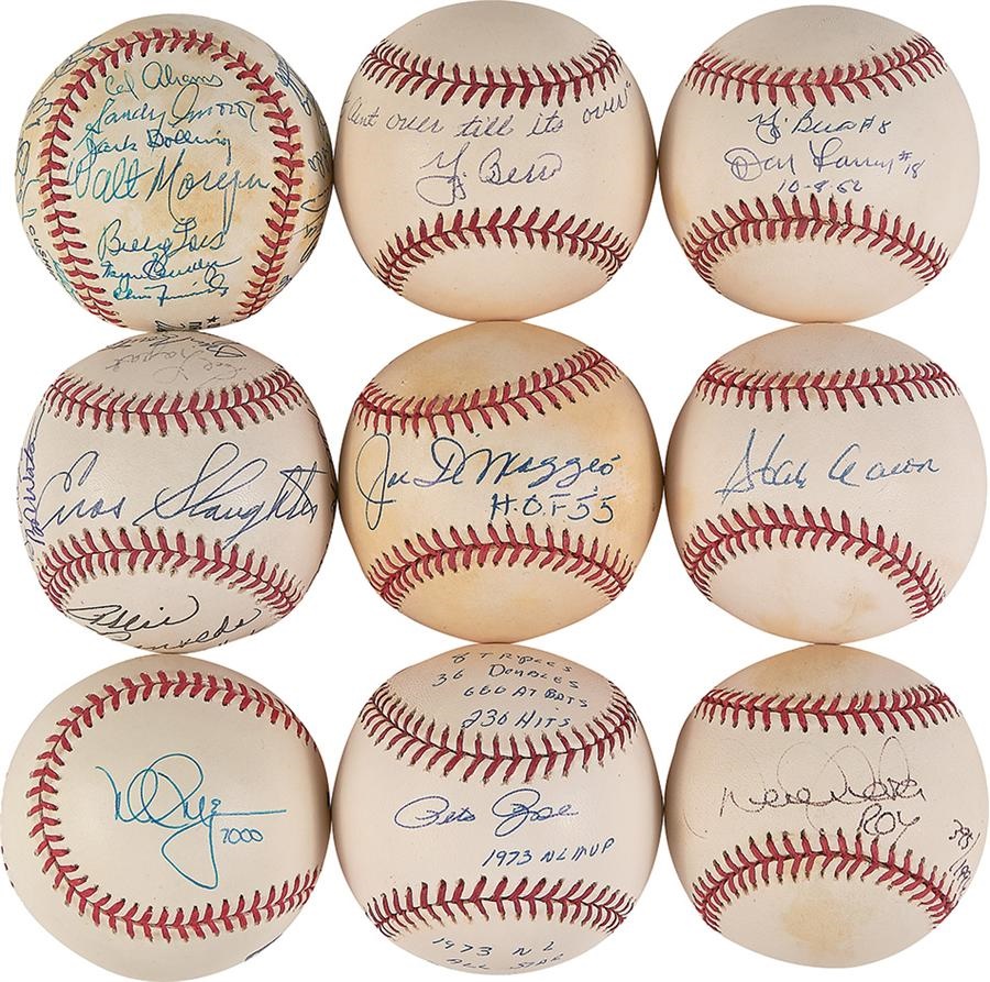 Baseball Autographs - Single & Multi-Signed Baseball Collection Including Aaron, Berra "It Ain't Over" & DiMaggio, (45+)