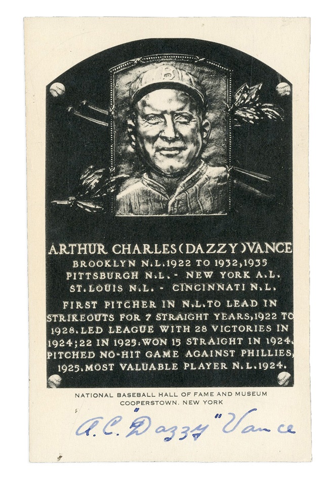Baseball Autographs - A.C. Dazzy Vance Signed Black and White HOF Plaque