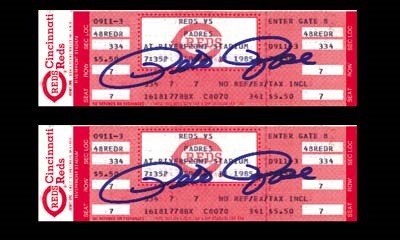 - 1985 Pete Rose 4,192 Hit Game Full Tickets, Signed (2)