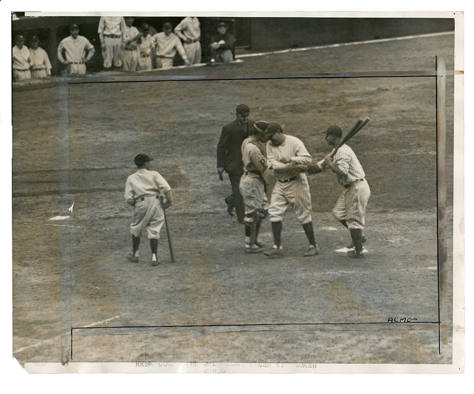 Ruth and Gehrig - Babe Ruth Home Run & Lou Gehrig Congratulates 1927 World Series Wire Photo