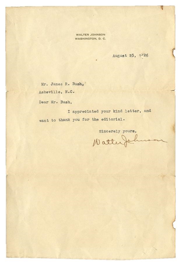 Baseball Autographs - 1926 Walter Johnson Letter