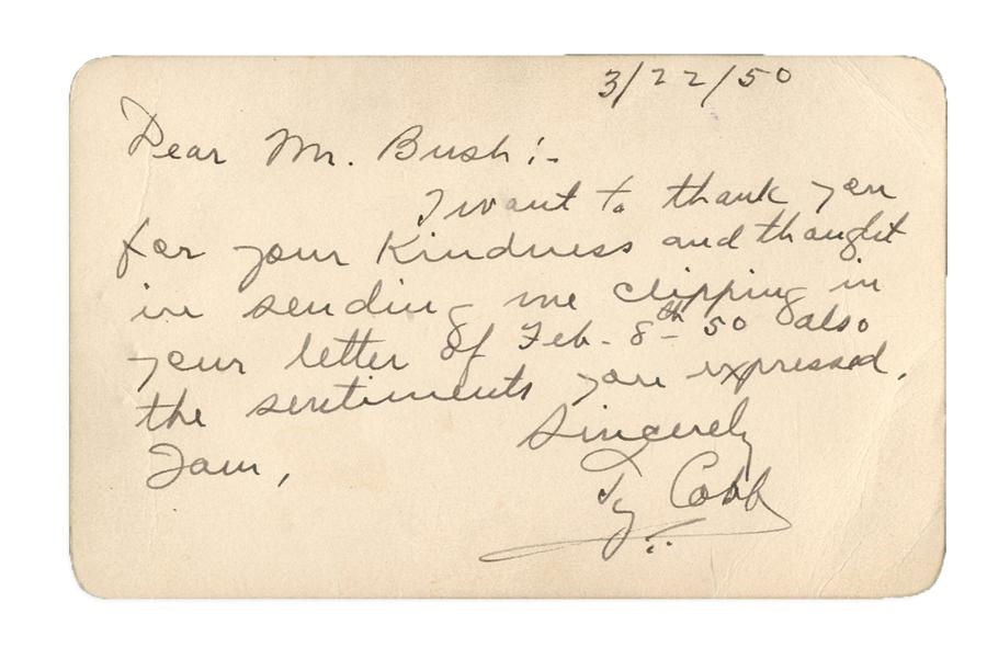 Baseball Autographs - 1950 Ty Cobb Signed Special Note Card