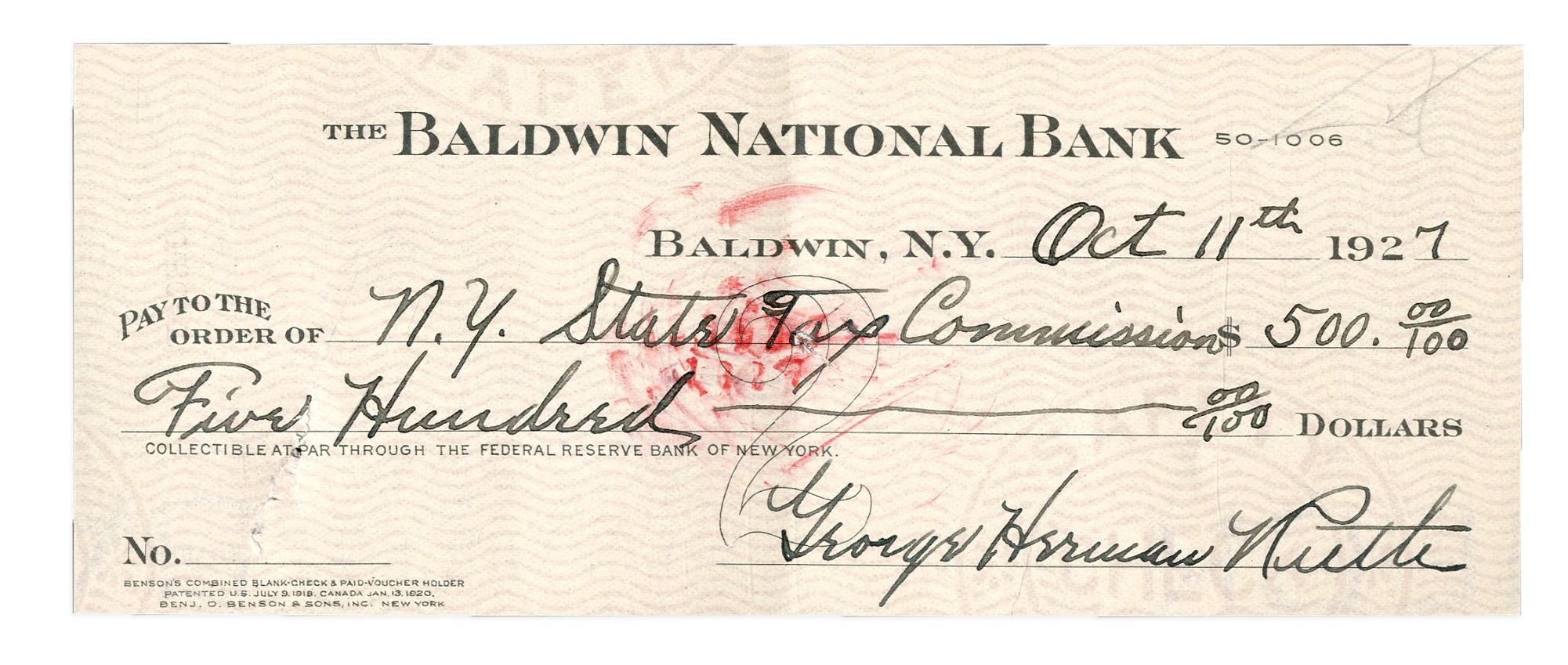 Ruth and Gehrig - "George Herman Ruth" Signed Check from the Magical Year of 1927