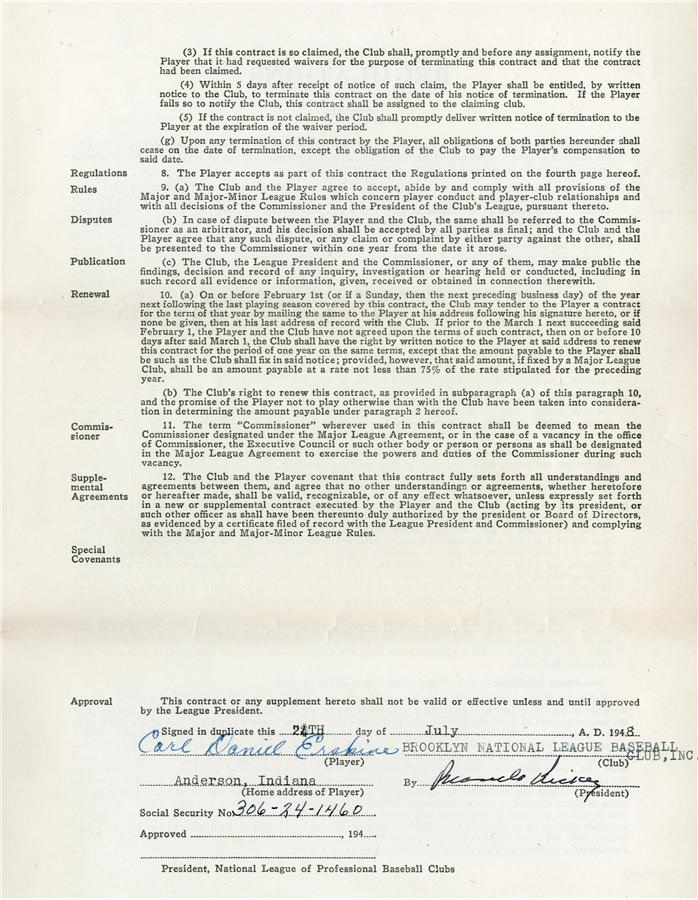 Baseball Autographs - 1948 Carl Erskine Brooklyn Dodgers True Rookie Contract