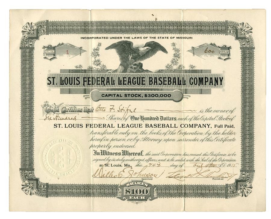 St. Louis Cardinals - 1915 St. Louis Terriers Federal League Stock Certificate