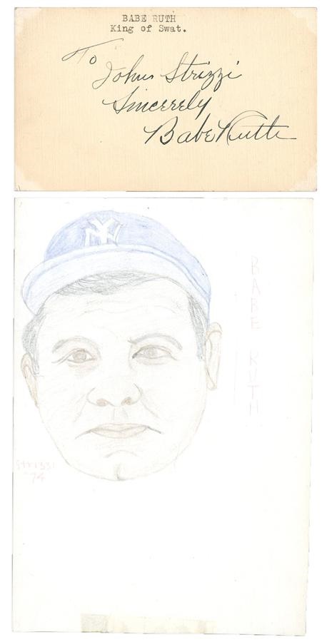 Ruth and Gehrig - Exceptional Babe Ruth Signed 3x5 Card with Illustration