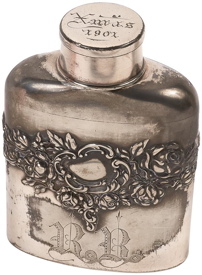 - 1901 Personalized Roger Bresnahan Silver Whiskey "Christmas" Flask (ex-Bresnahan Estate)