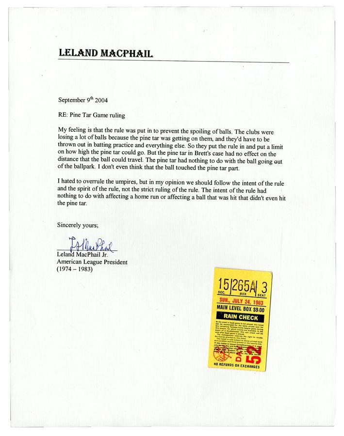 Lee McPhail Letter r.e. The George Brett Pine Tar Incident with Ticket Stub