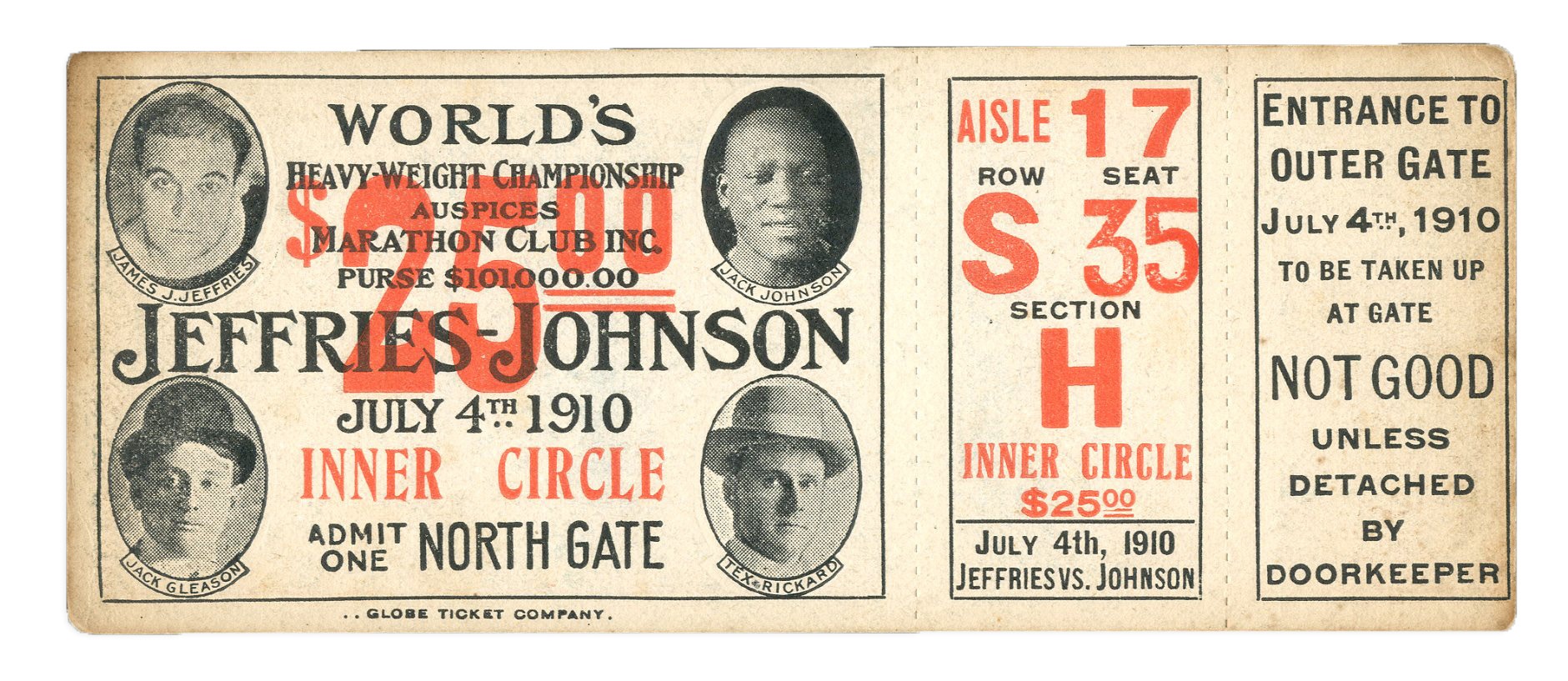 Muhammad Ali & Boxing - 1910 Jack Johnson v Jim Jeffries Unused Ticket