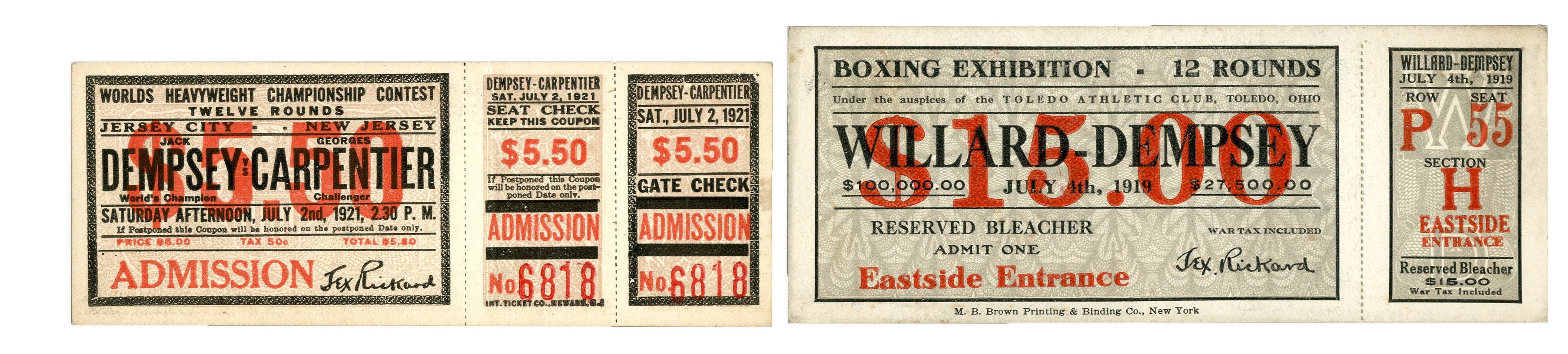 Two Jack Dempsey Unused Tickets