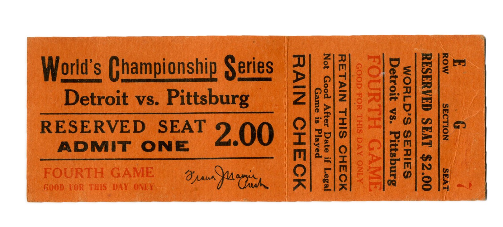 Tickets, Publications & Pins - 1909 World Series Seventh & Deciding Game Full Unused Ticket