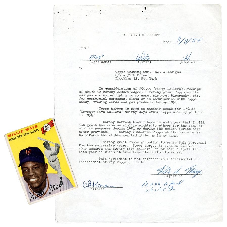 1954 Willie Mays Signed Topps Baseball Card Contract