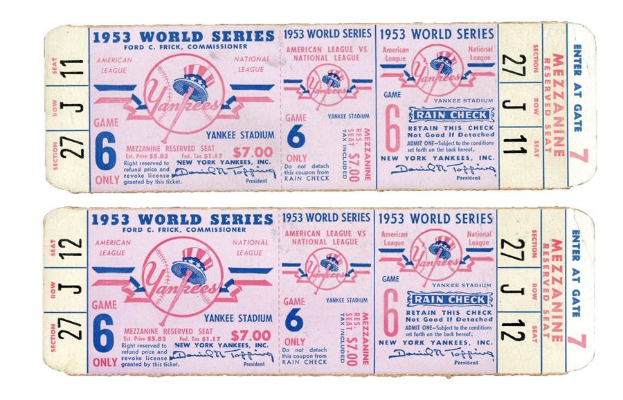 Historic New York Yankee Baseball Collection - Pair of 1953 World Series Tickets at Yankee Stadium