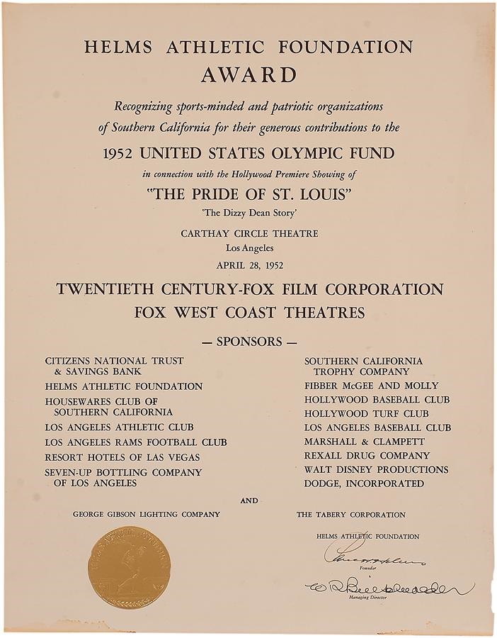 - 1952 "Pride of St. Louis" Dizzy Dean Movie Premiere Diploma