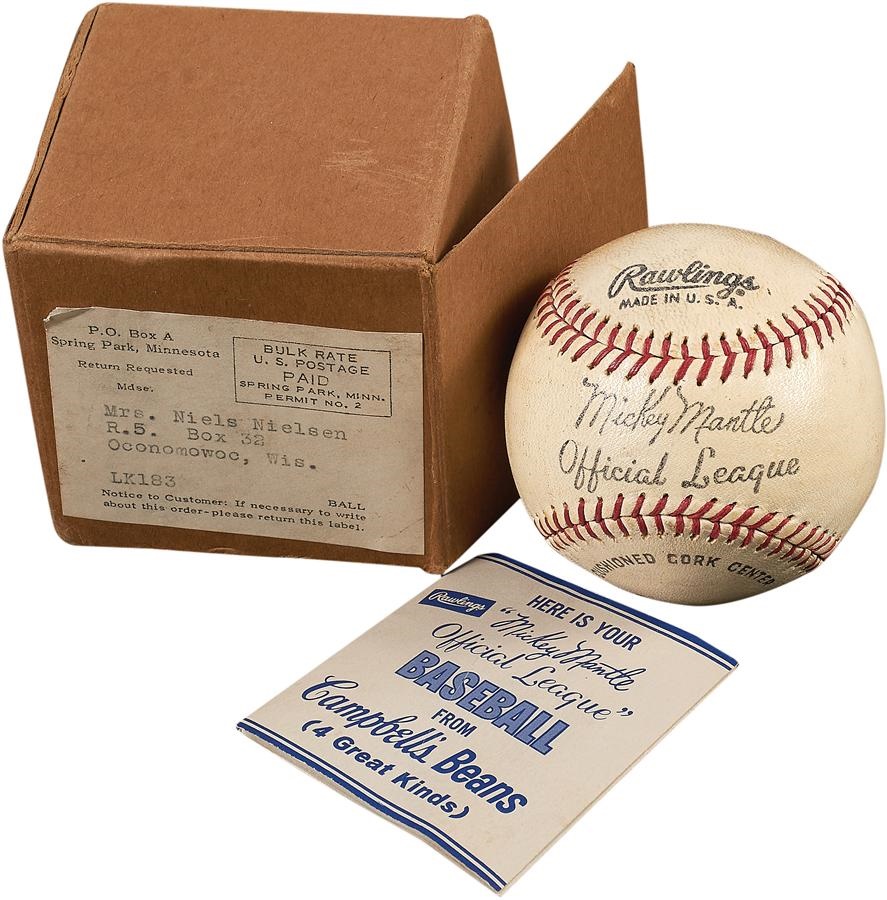 - Early 1960s Mickey Mantle Campbell's Beans Baseball with Mailing Box