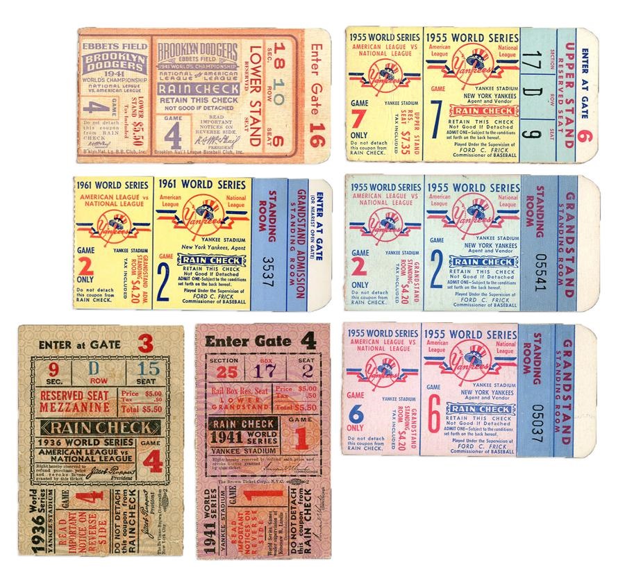 Tickets, Publications & Pins - 1936-61 NY Yankee & Brooklyn Dodger World Series Ticket Stubs (7)