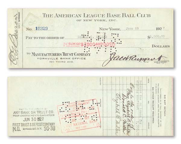 - 1927 Don Miller Signed Yankees Payroll Check