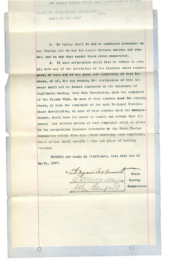 Horse Racing - 1897 August Belmont Signed Contract Licensing Aqueduct