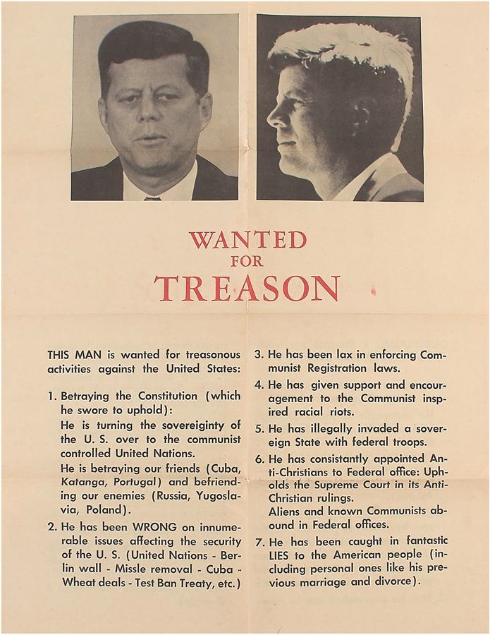 - 1967 Anti-JFK "Wanted For Treason" Insert Poster with Original Envelope