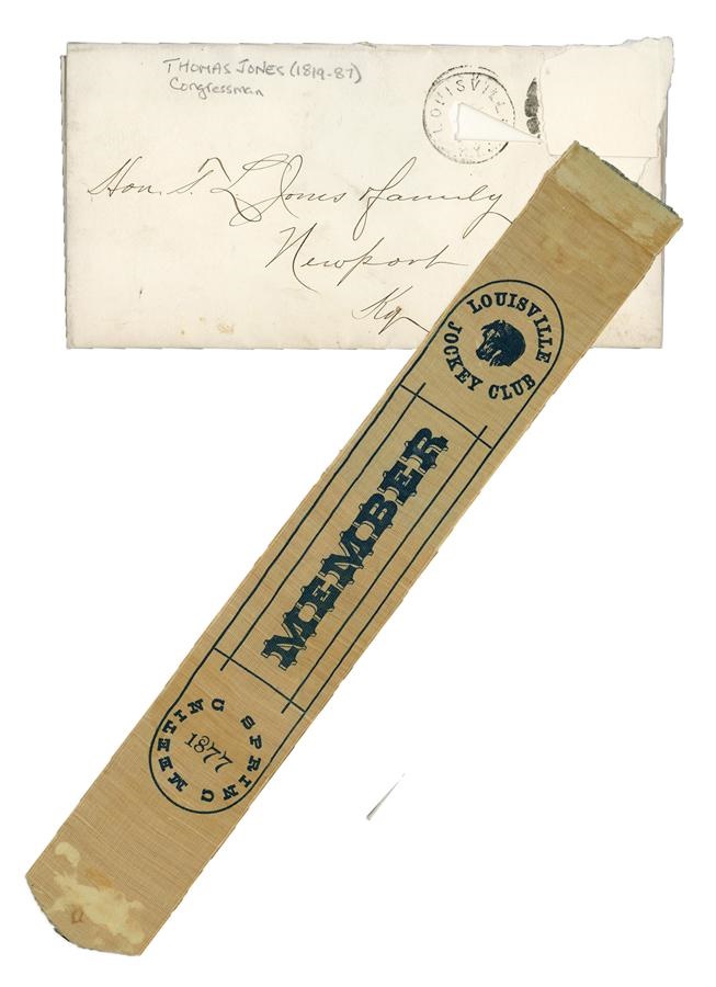 - 1877 Kentucky Derby Member's Ribbon In Original Envelope Belonging To Congressman Thomas Jones