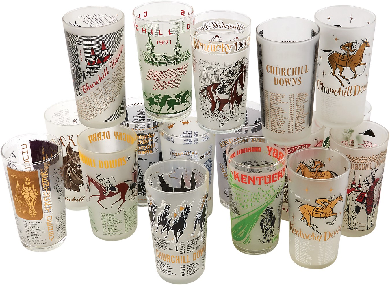 - 1945-2016 Complete Run of Kentucky Derby Glasses (74) (Excluding only the 1947 blank partially frosted glass)