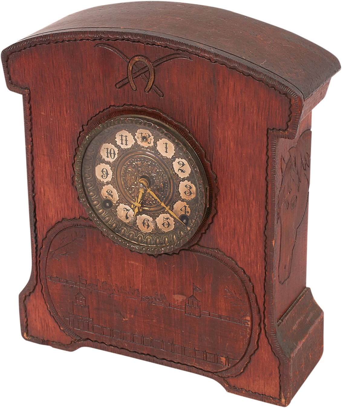 - 1910s Mission Oak Horse Racing Folk Art Mantle Clock